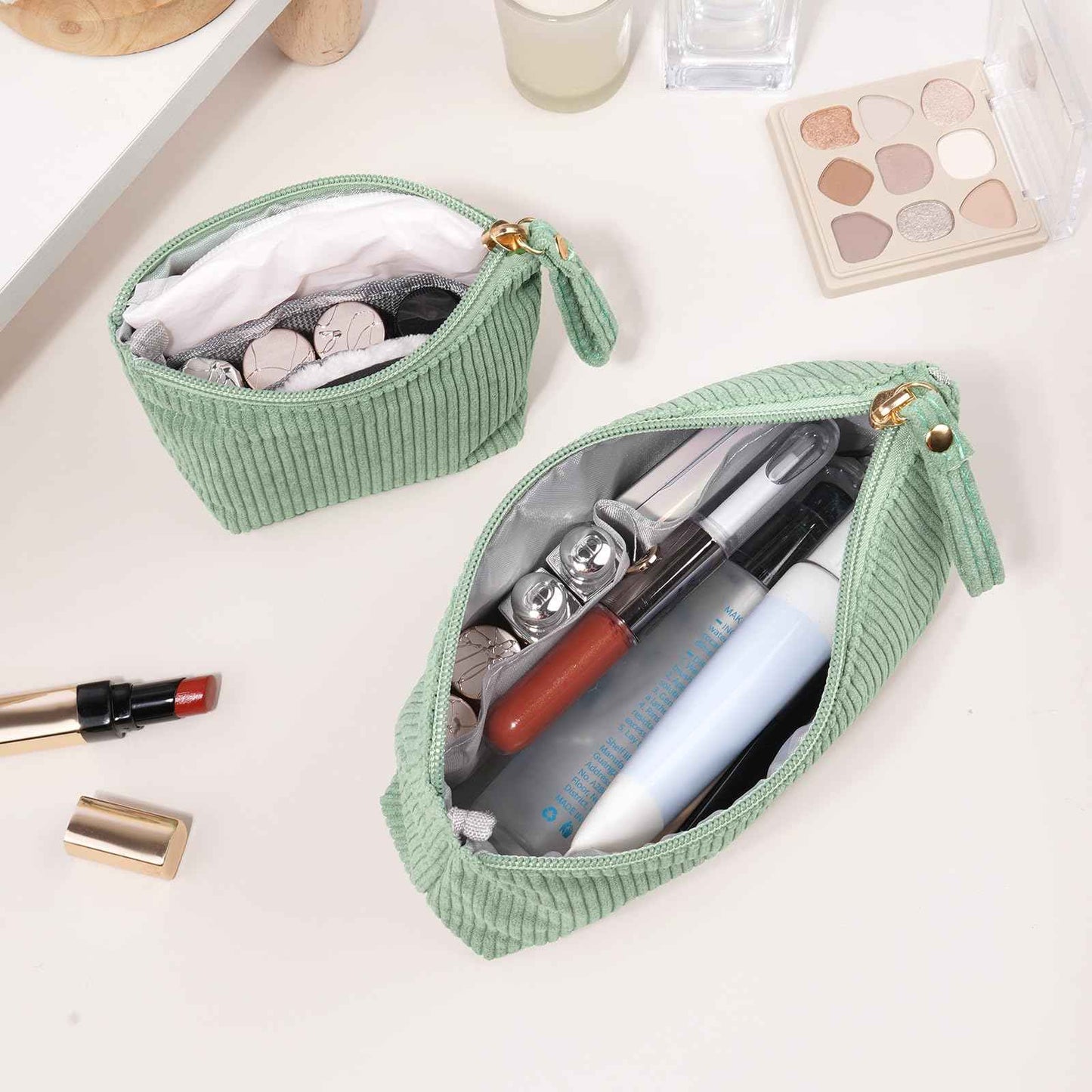 MAGEFY 2Pcs Makeup Bag Set, Cute Makeup Pouch for Purse Corduroy Travel Cosmetic Pouch for Women with Slip-in Pockets for Purse Essentials Accessories(Green,Mini+Small)