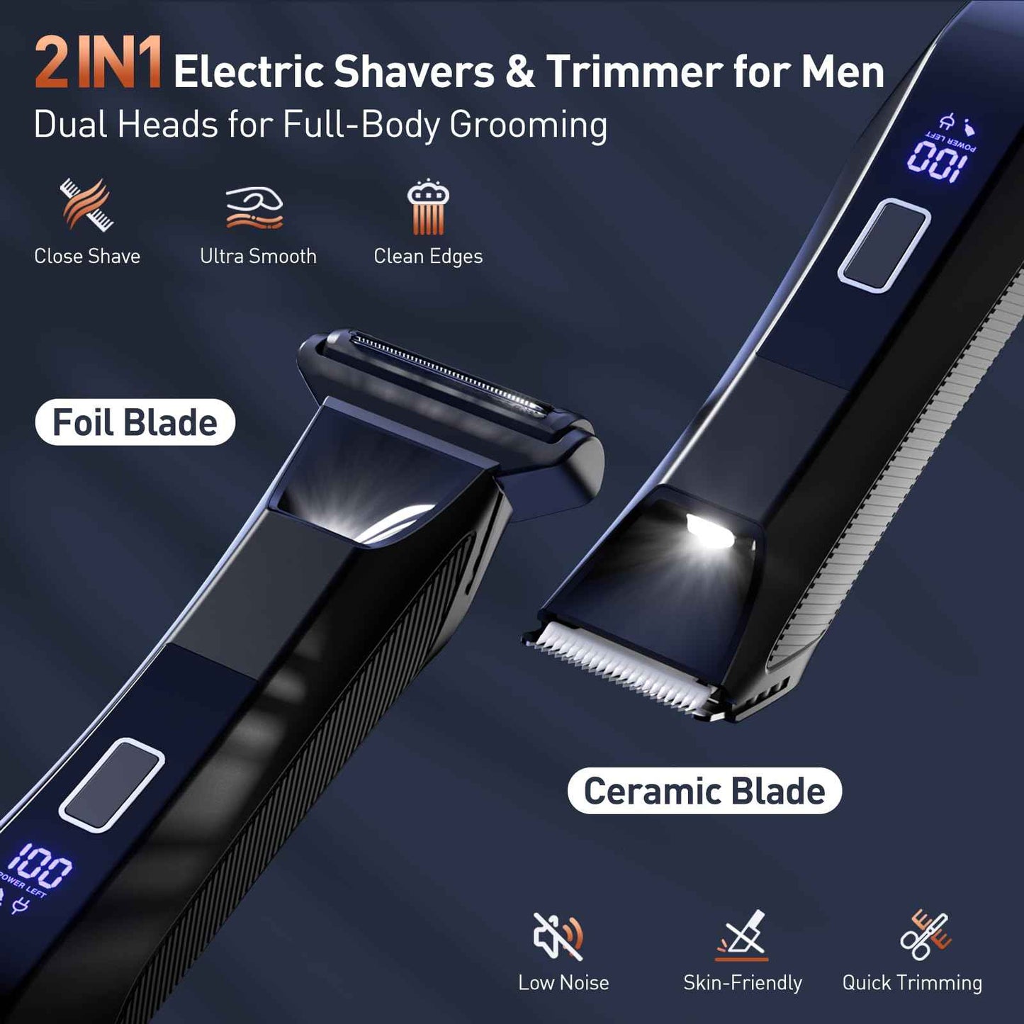 VIKICON 2-in-1 Manscape Trimmer & Shavers for Men: No-Nick Full Body Electric Razor for Pubic, Balls, Back Hair w/Dual-Head Trimmer & Foil Blades - Waterproof Groomer Kit w/Light, Travel Lock & Pouch