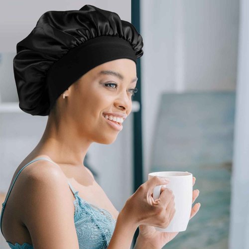 12 Pieces Satin Bonnet Hat For Women Sleeping Shower Caps Curly Hair Silky Bonnet Hair Wrap (Black)