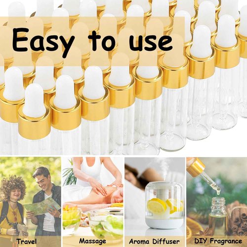 Parfumlism Mini Oil Bottles 5ml – 100pcs Golden Collar Glass Dropper Bottles for Liquid Storage, Sample Distribution, Business Gifts, Beauty Products, and Travel Use