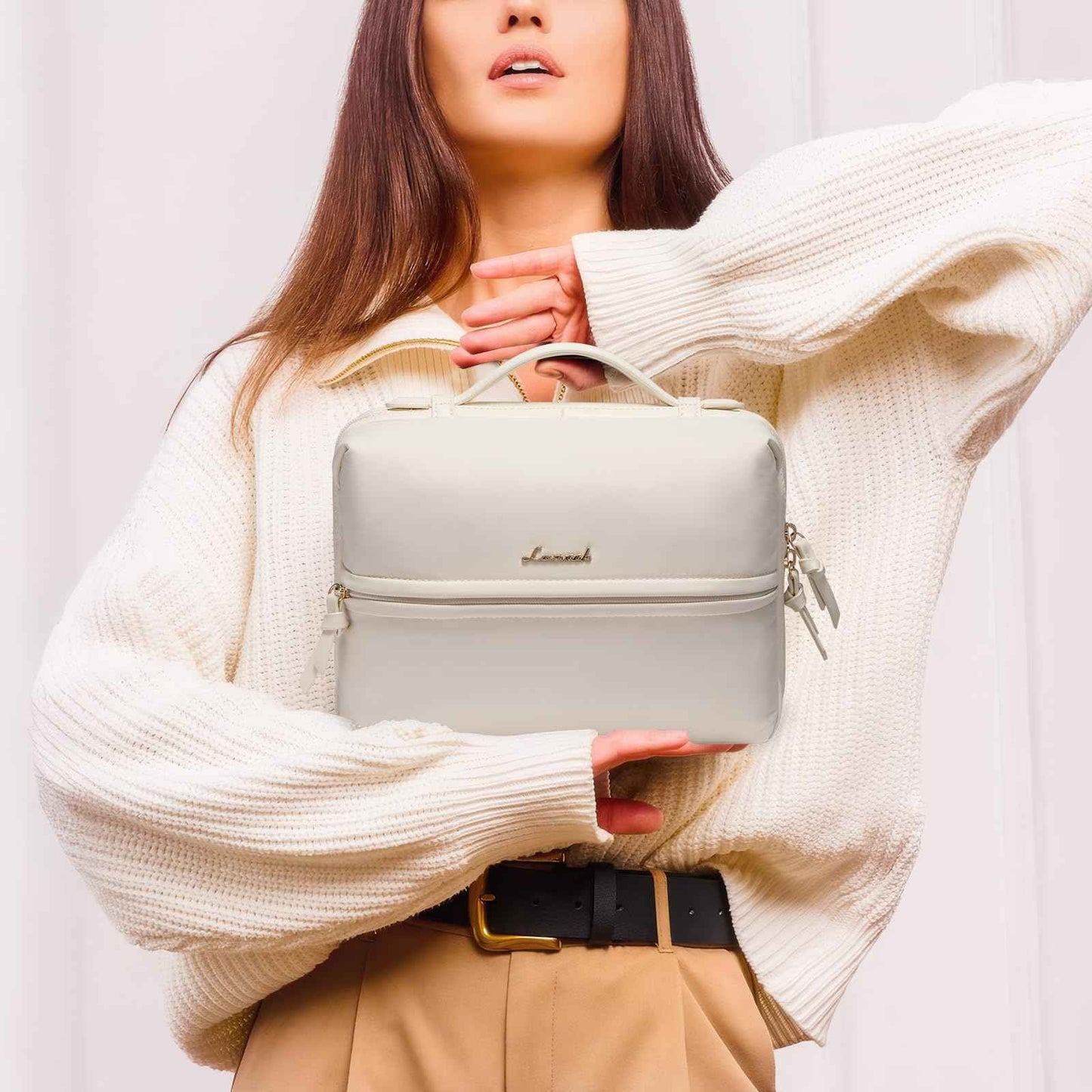 LOVEVOOK Travel Toiletry Bag With Hanging Hook for Women, Puffy Cosmetic Makeup Bag Organizer with Vegan Leather Handle for Accessories, Essentials, Toiletries, Off white