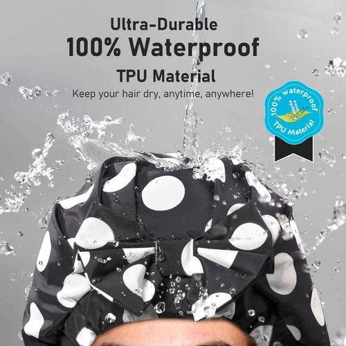 LitBear Luxury Silk Lined Shower Caps for Women Reusable Waterproof, Double Layered Large Bathing Hair Cap with Adjustable Elastic Strap, Non-slip, Quick-dry, for Long Short Hair, Black Dots