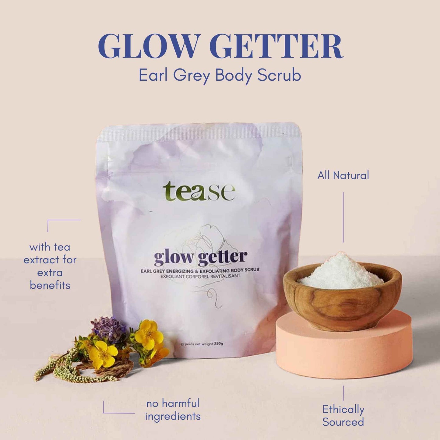 Tease Tea Exfoliating Body Scrub - Glow Getter Organic Body Scrub made with Organic Sugar Cane, Earl Grey Tea, Organic Coconut Oil, and Vitamin E for a Skin so Soft and Glowing Skin
