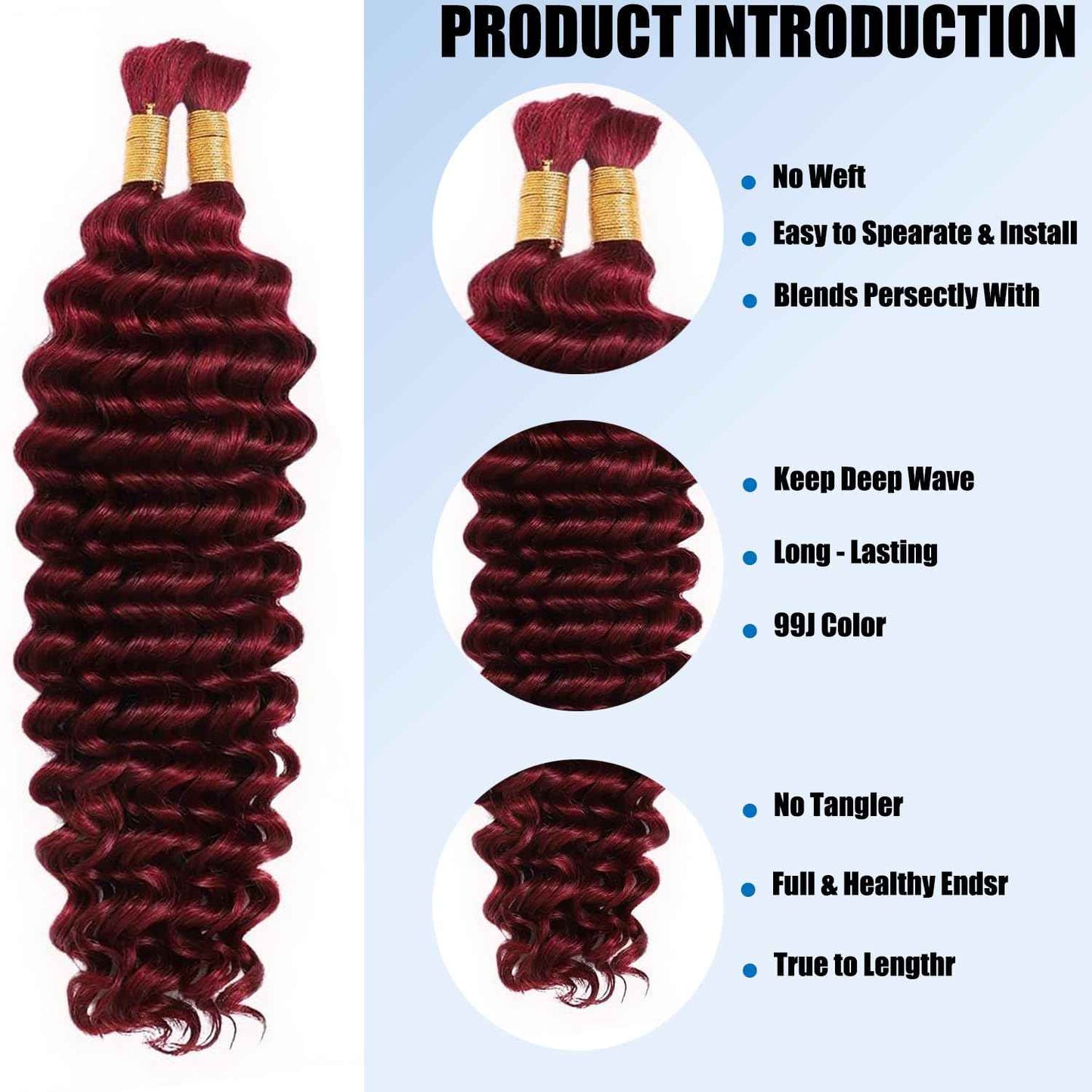 Dabork Human Braiding Hair 24 Inch 100g 2 Bundles/Pack Bulk Deep Wave No Weft Human Hair for Boho Box Braids Extensions 99J Burgundy
