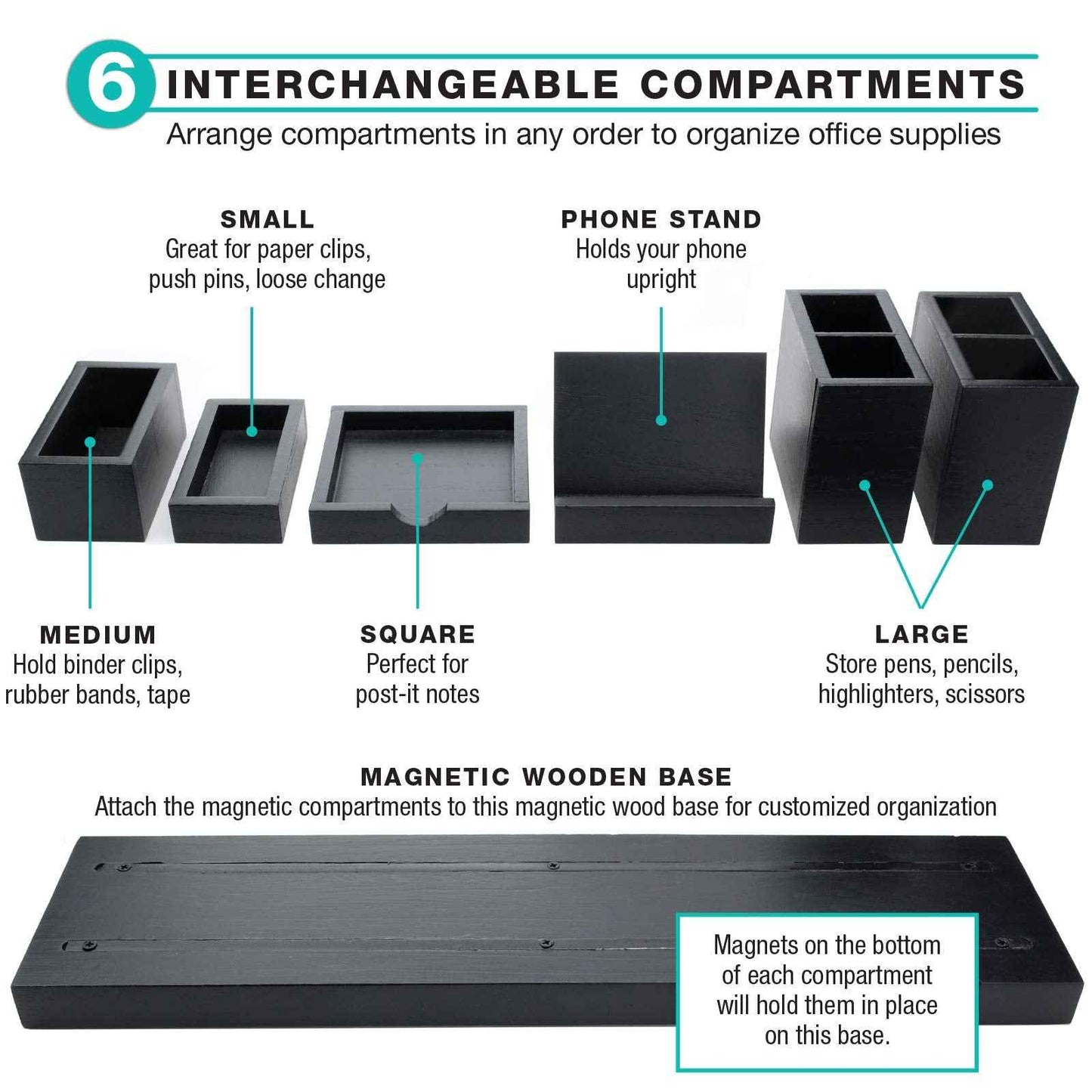 Excello Global Products Magnetic Desk Organizer | 6 Removable Compartments for Pens, Pencils, Post-Its, Paperclips, Cell Phone and Office Supplies (Black)