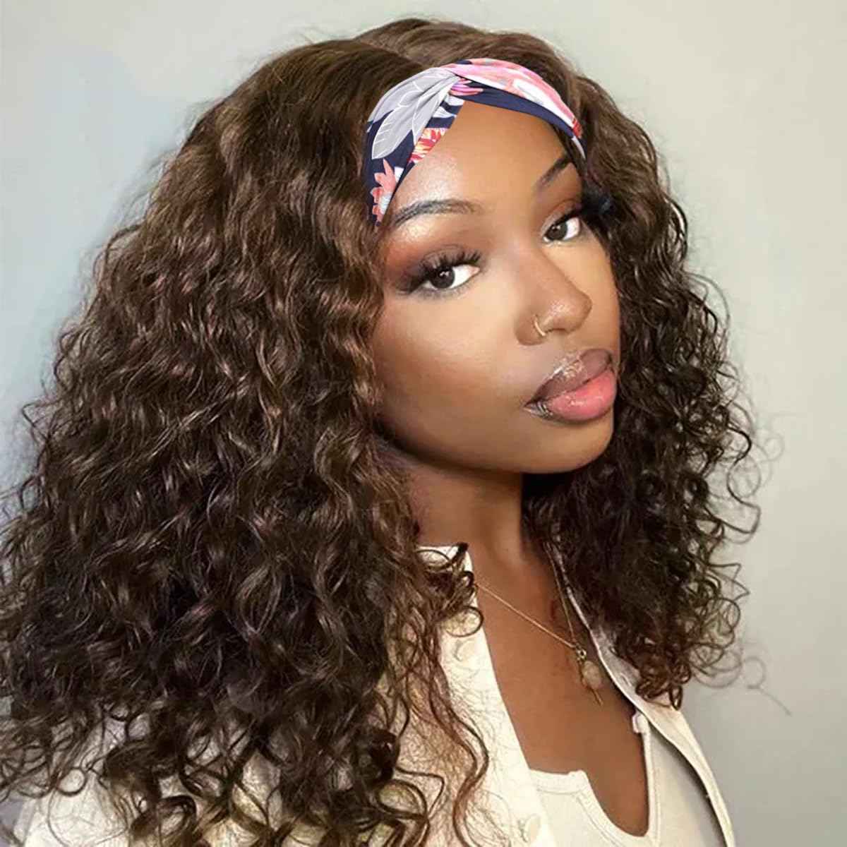 XSY Chocolate Brown Headband Wig Human Hair Deep Wave Headband Wigs Human Hair None Lace Front Wigs Human Hair for Women 150% Density Wig Curly Hair (12 Inch)