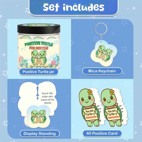 Positive Turtle Jar for Besties – 60 Daily Affirmation Cards, Cute Friendship Gift with Acrylic Keychain & Display Stand, Inspirational Message Jar for Best Friends, Sisters, or Coworkers