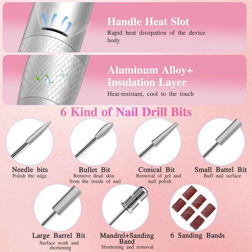 Professional Electric Nail Drill File,45000RPM Portable Machine E File with Bits & Base,Rechargeable Cordless Nail Drill Kit for Shaping,Removing & Polishing Acrylic Nails Gel for Salon Home (Pink)