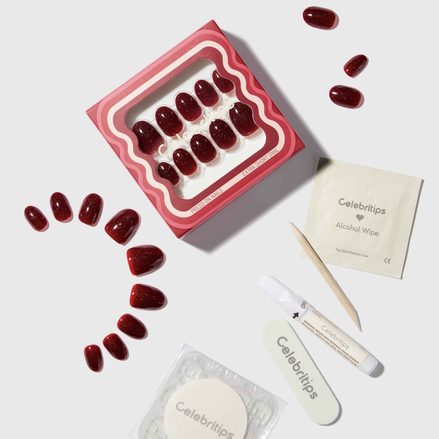 Celebritips Nail Art Press-Ons | Scarlett, Extra Short Oval Nails, Reusable | 16 sizes - 32 Nails Kit with Super-hold Nail Glue and Sticky Tabs