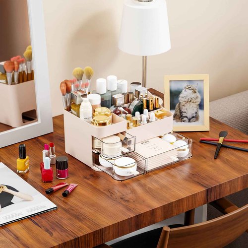 SuoXing Pink Makeup Organizer for Vanity,Large Plastic Skincare Organizers With Drawers,Bathroom Counter Organizer Cosmetic Storage for Dresser Top Skin Care,Lotion,Beauty Products and Brush Holder