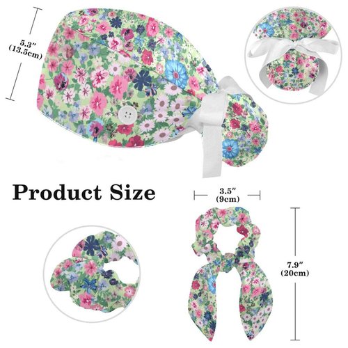 Spring Flowers Scrub Cap, Adjustable Working Cap with Button, Bouffant Caps with Bow Hair Scrunchy