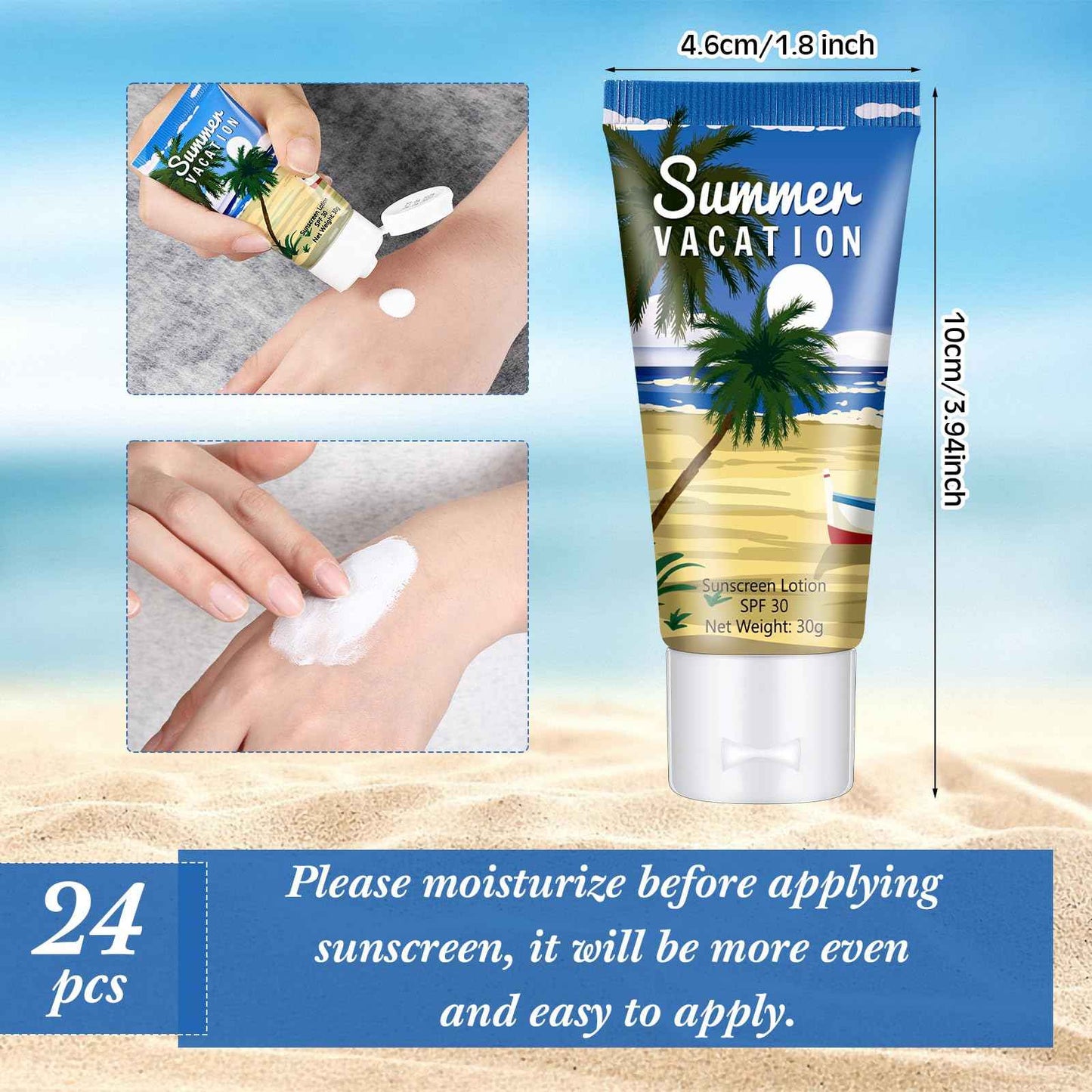 Dansib 24 Pcs Mini Sunscreen Bulk for Summer Wedding Party Spf 30 Water Resistant Sunscreen Lotion Bulk 1oz Travel Size for Thank You Gifts Wedding Party Supplies(White Cream,Vacation)