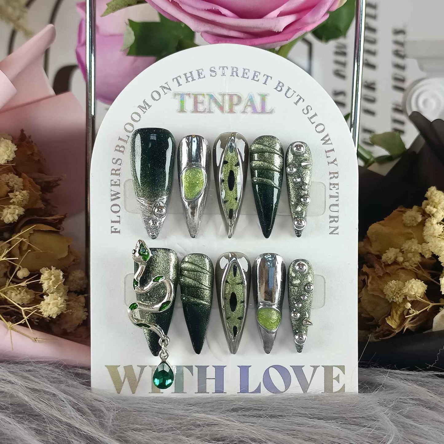 TENPAL Long Stiletto Press on Nails,Gothic Punk Green Cat Eye Nails Glow & 3D Snake with Gem,Black Silver Metallic Fake Nails Kits,10pcs Soft Gel False Nails with Steel Bead for Party Gifts(S)