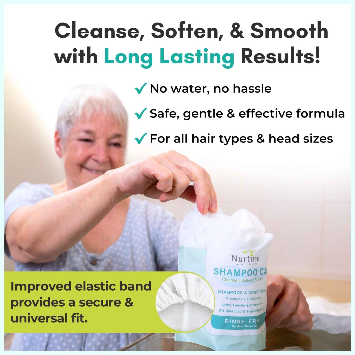 No Water Rinse Free Shampoo Cap by Nurture | Microwavable Hair Washing & Conditioning Shower Caps | Waterless Bathing | Disposable & Hypoallergenic for Adults, Bedridden & Elderly