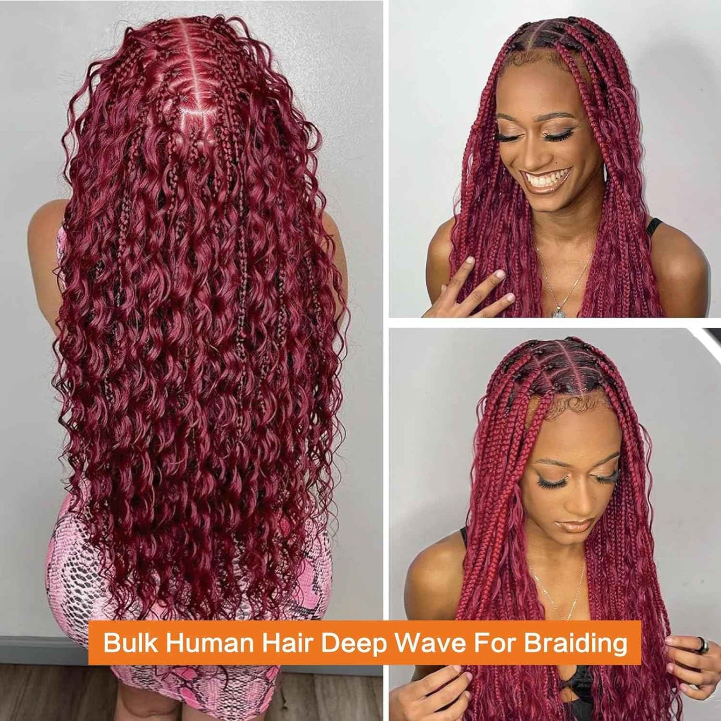 Ubinica Burgundy Deep Wave Braiding Human Hair 2 Bundles Total 100g 24 Inch Deep Wave Bulk Braiding Hair for Boho Braids
