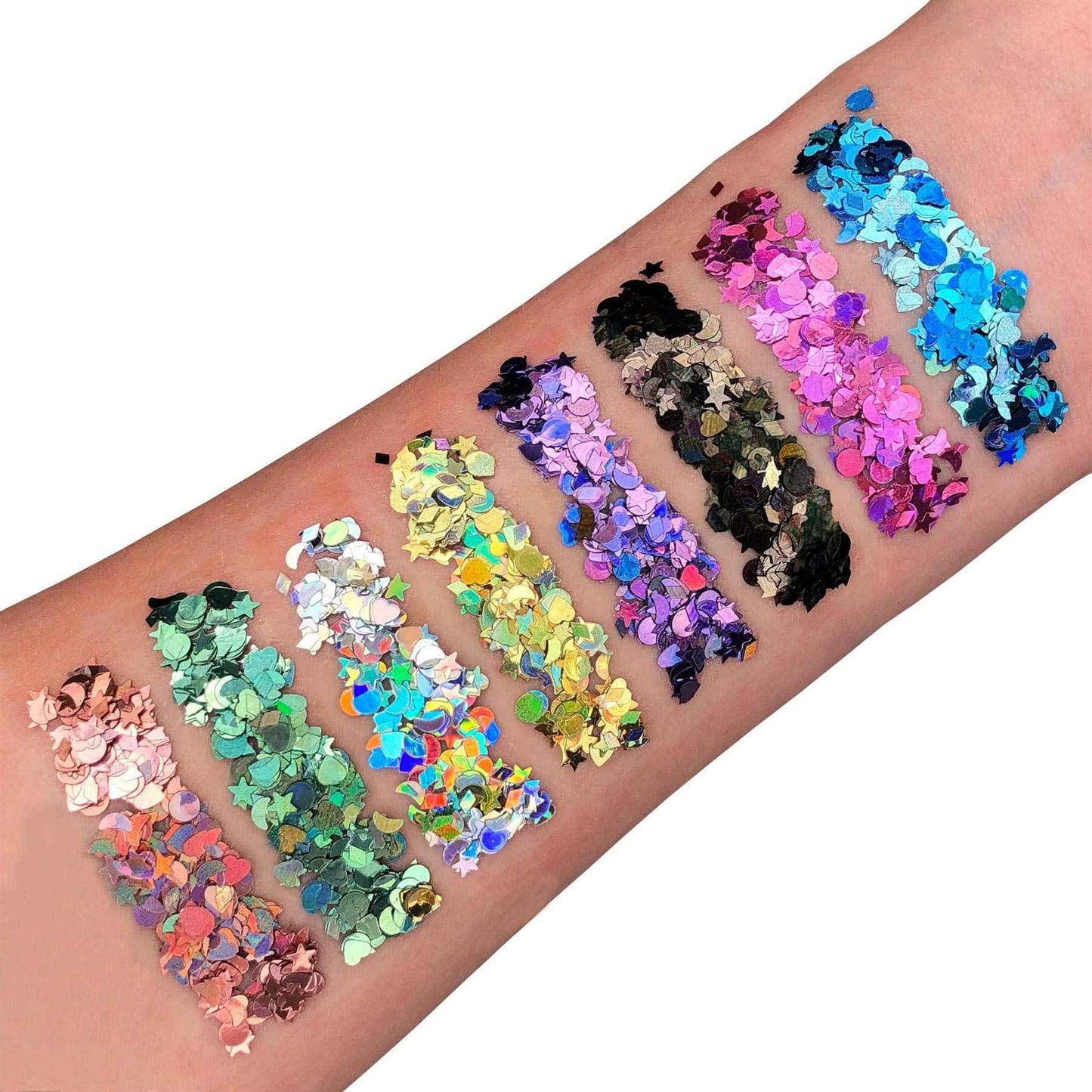 Holographic Glitter Shapes by Moon Glitter – 100% Cosmetic Glitter for Face, Body, Nails, Hair and Lips - 0.10oz - Set of 8 colours