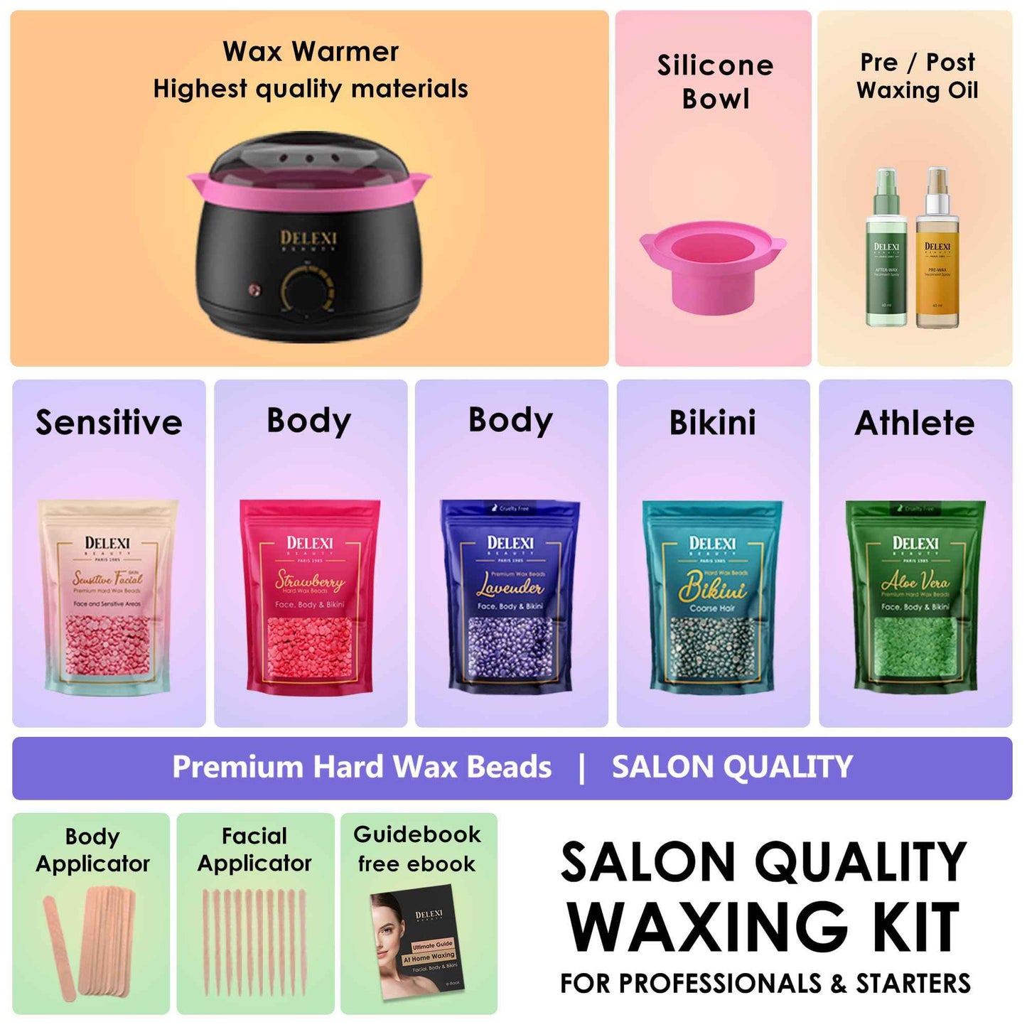 DELEXI Premium Waxing Kit for Sensitive Skin – Painless Hard Wax Beads, Safe Wax Warmer, Pre/Post Care Spray, Salon-Grade Results at Home for Face, Bikini, Brazilian & Full Body
