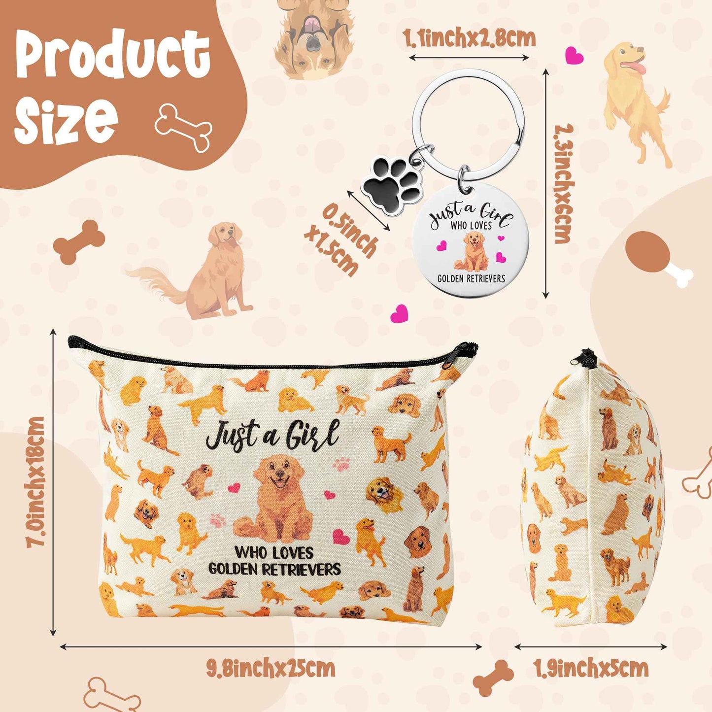 JAPBOR Makeup Bag for Dog Lovers - Golden Retriever Dog Themed Cosmetic Bags and Keychain Gifts Set, Cute Puppy Organizer Makeup Pouch, Animal Travel Zipper Toiletry for Owner Women Girl Traveling