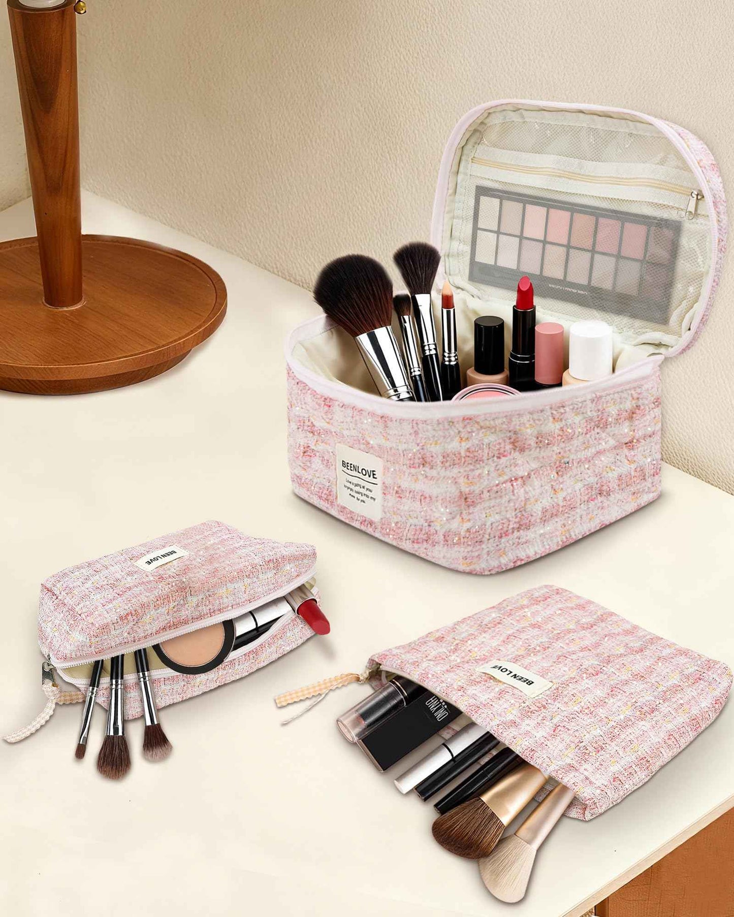 Makeup Bag Set 3 Piece Travel Toiletry Organizer-Portable Cosmetic Bag Set for Women Girls, Stylish Large Medium Small Makeup Pouches - Lightweight Beauty Storage Bags Gift for Teen, Daughter (Pink)