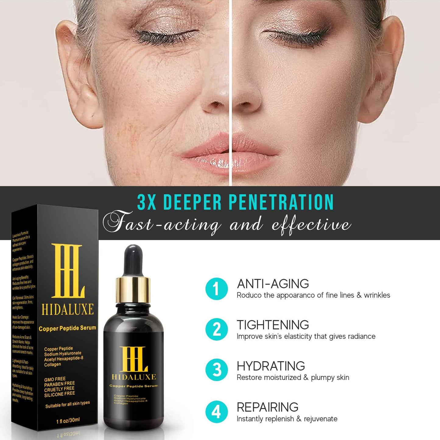 HIDALUXE Copper Peptide Face Serum: Tightening, Repairing, and Collagen Boosting with Hyaluronic Acid | GMO FREE, PARABEN FREE, CRUELTY FREE, SILICONE FREE