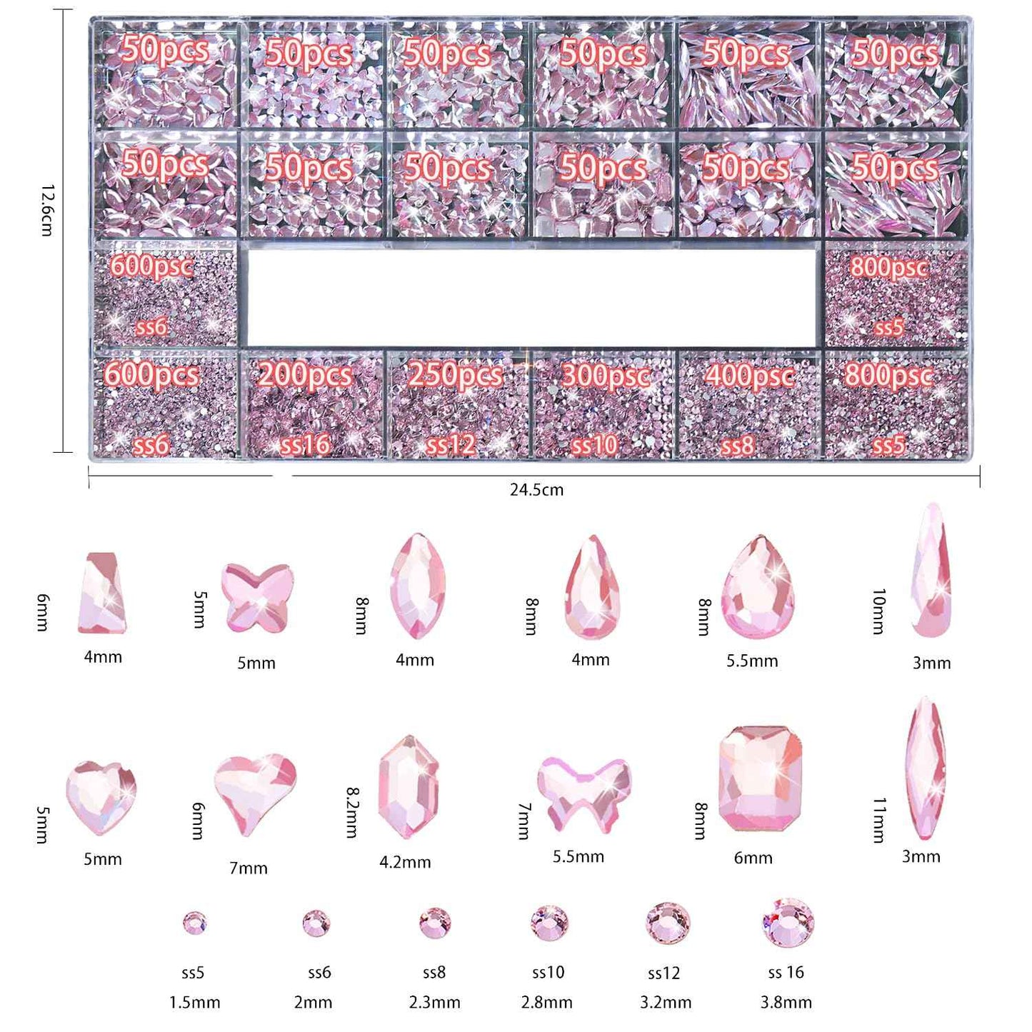 DZHILHMX Nail Rhinestones - 4300pcs Light Pink, Multiple Shape Gems, Flat Back Rhinestones, with Kit and Glue Gel, for Nail Art