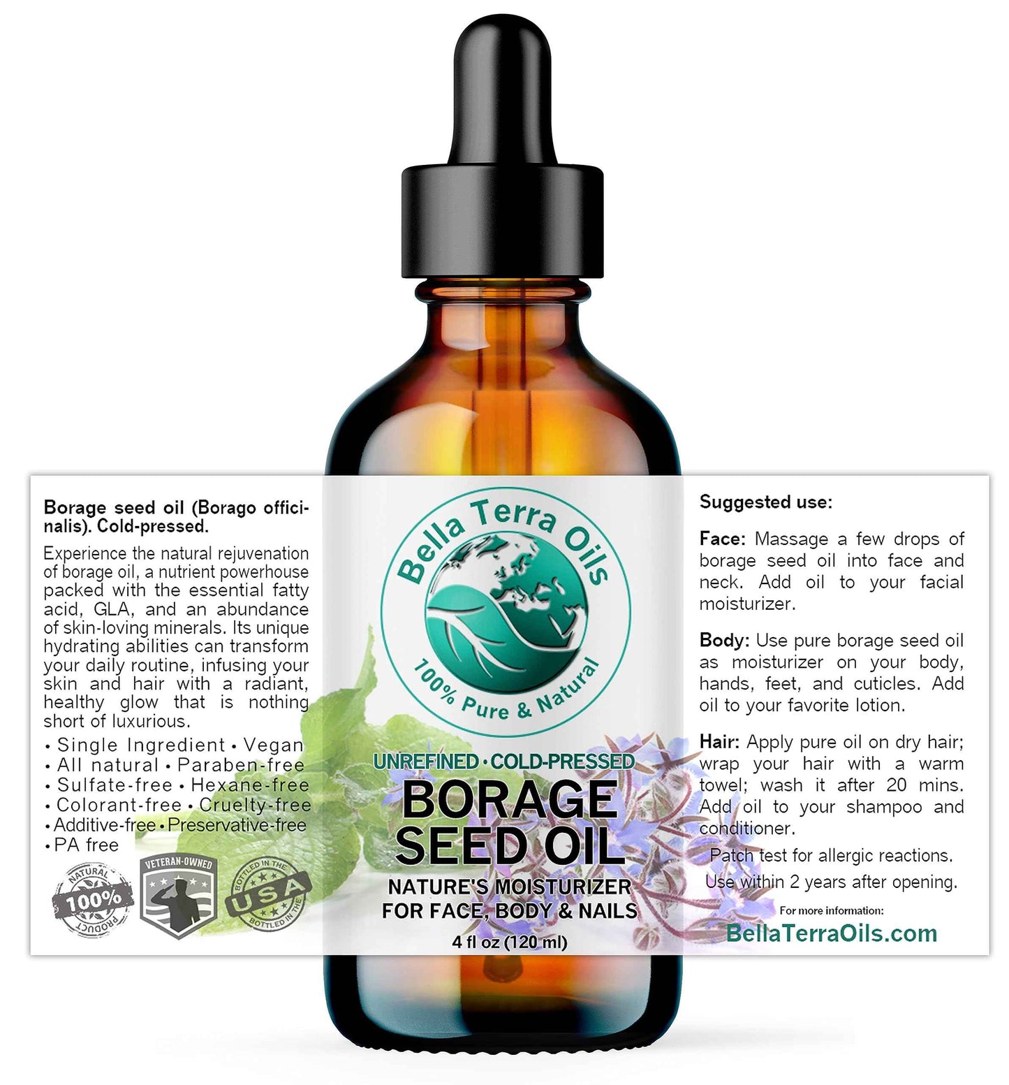 Bella Terra Oils - Organic Borage Seed Oil 4 oz - Rich in GLA, Pure & Untouched, Abundant in Omega-6 Fatty Acids, Elevate Skin's Natural Radiance & Softness