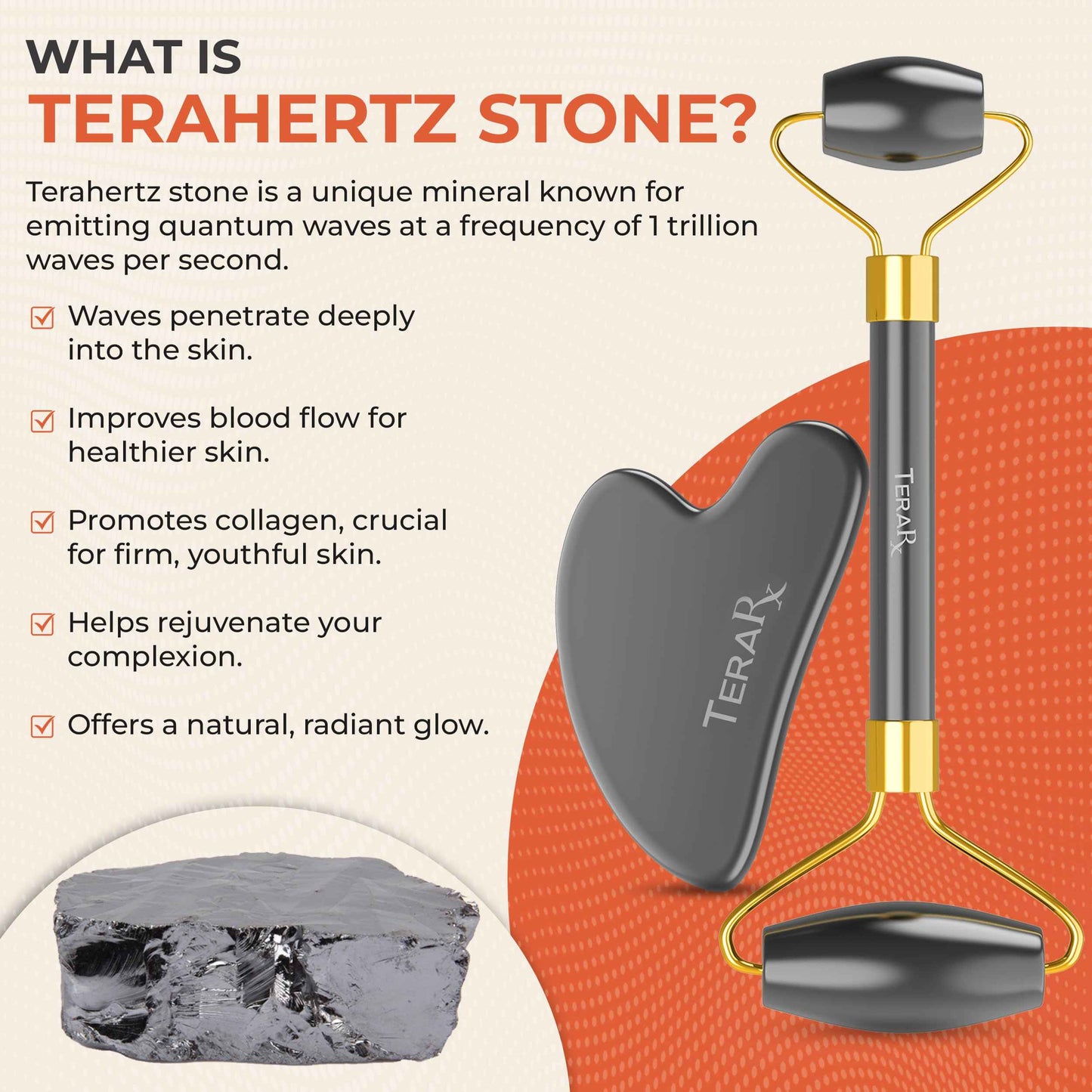 TeraRX® Terahertz Gua Sha & Facial Roller Set – 100% Authentic Terahertz Stone Face Roller to Reduce Puffiness, Improve Wrinkle Lines & Relieve Facial Tension – Perfect for Eye Massage and Relaxation
