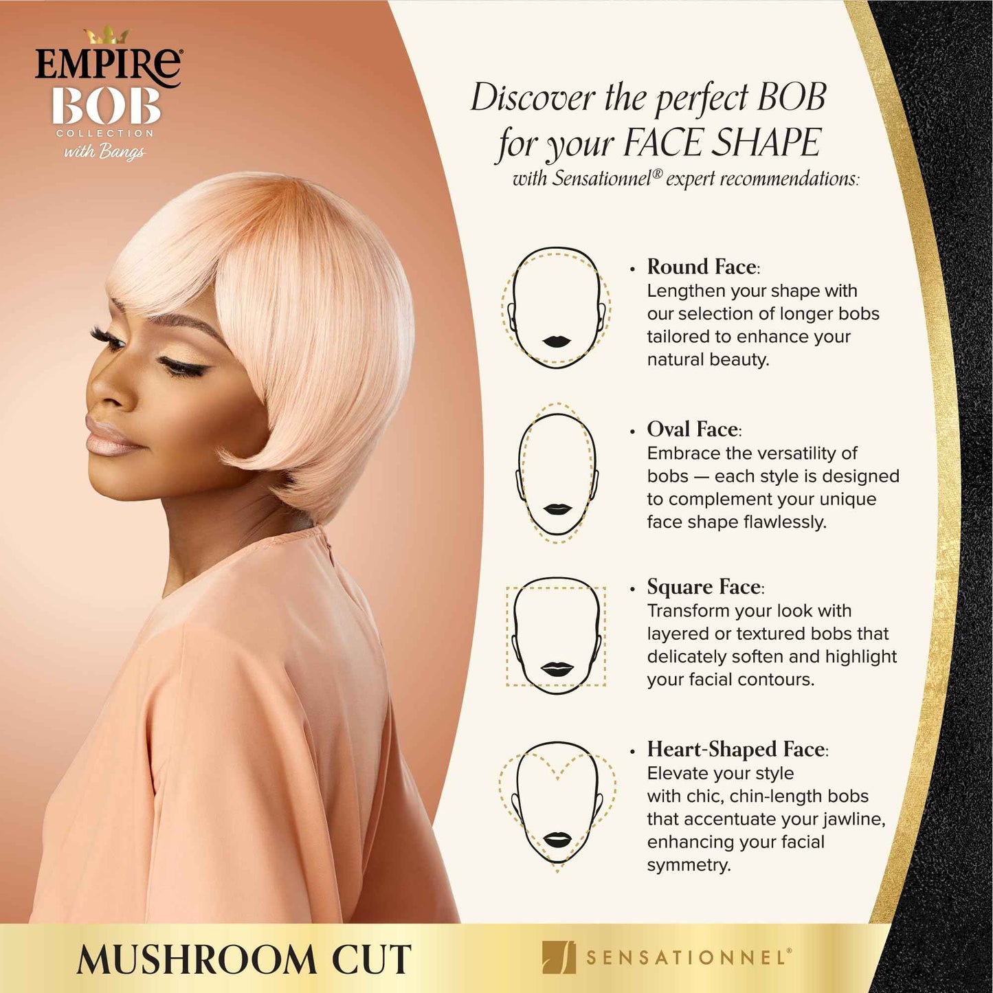 Sensationnel Empire Bob Humanhair Wig - Mushroom Cut Face Framing Mesh Cap for Comfort With Bangs (ROSEGOLD)