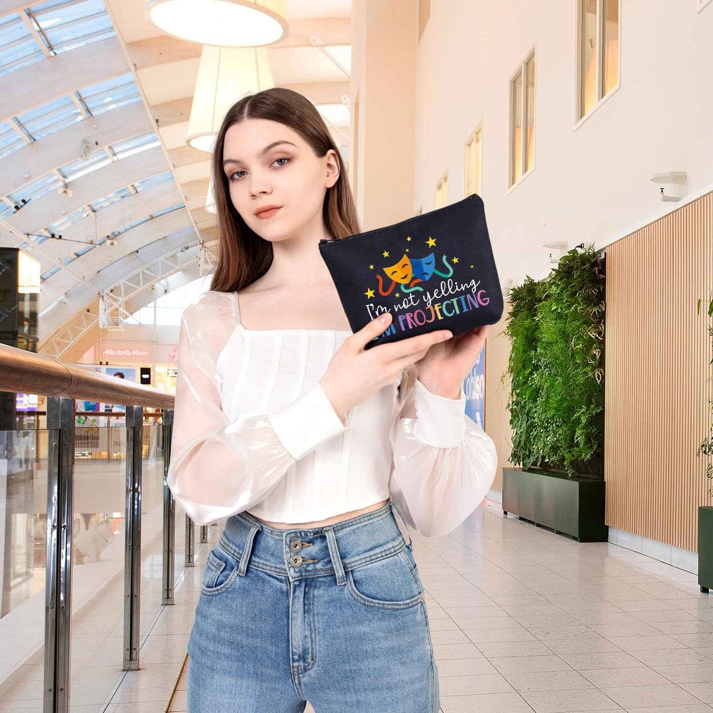 BDPWSS Theatre Makeup Bag Drama Theater Lover Gift Comedy Tragedy Masks Cosmetic Bag i'm Not Yelling I'm Projecting Drama Acting Travel Pouch (Yelling projecting BL)