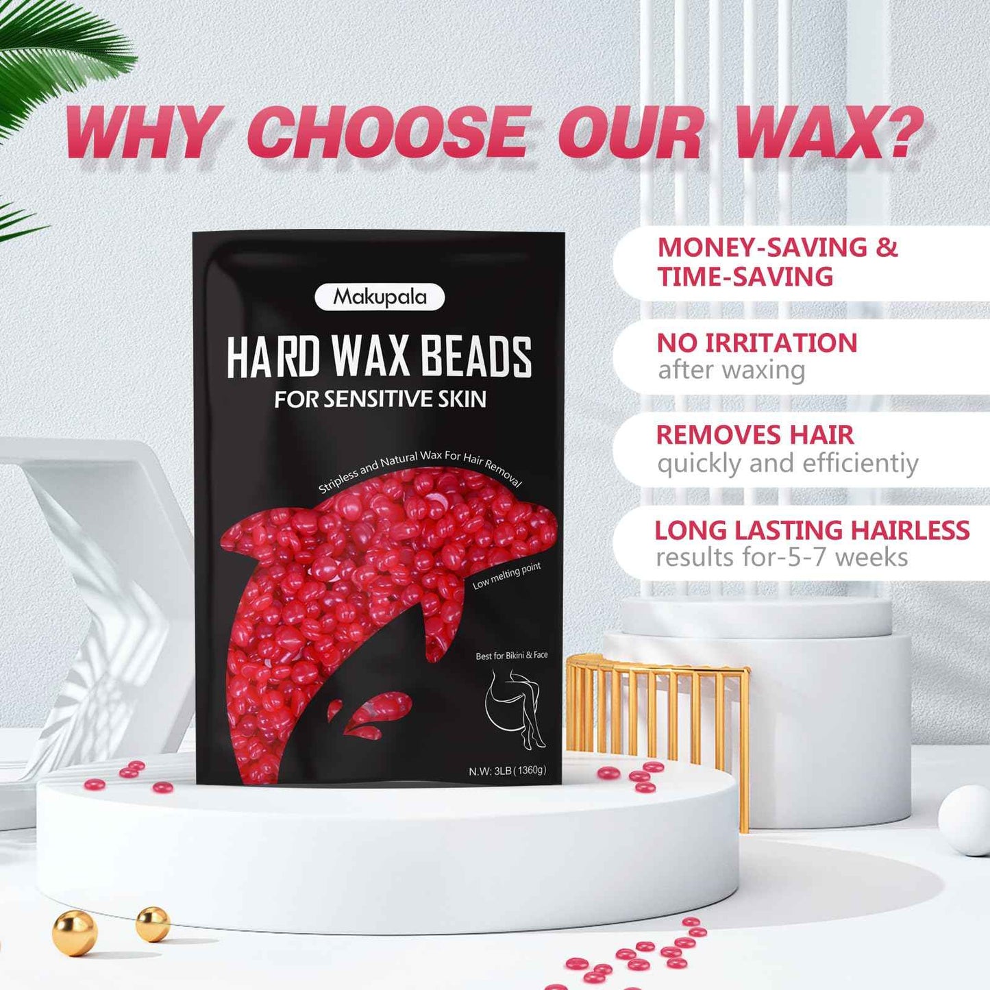 Hard Wax Beads for Hair Removal, 3lb Bulk Red Professional Brazilian Waxing Beads for Sensitive Skin Women Men, 48oz Big Bag of Wax Pellets for Body Bikini Legs Fine Hair & Coarse Hair Strawberry Red