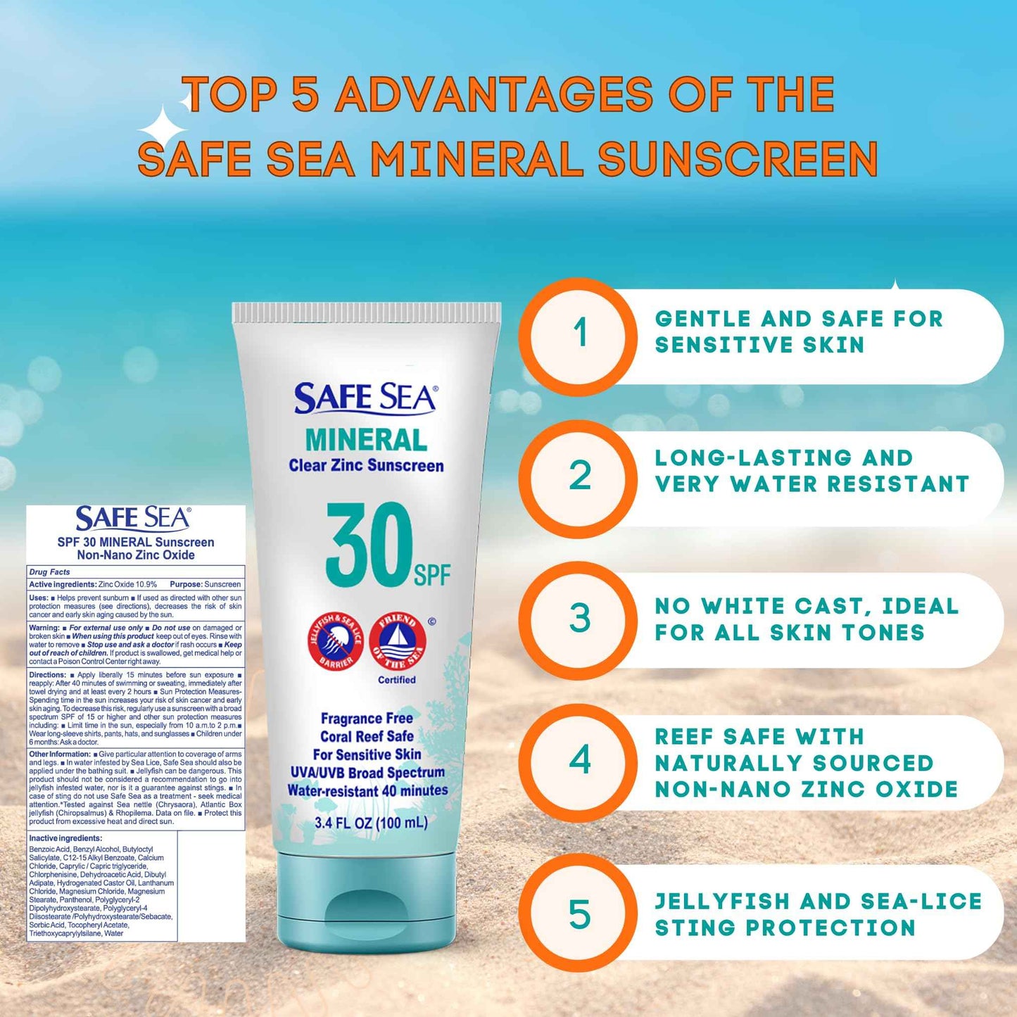 Safe Sea Zinc Oxide Sunscreen SPF30 | Clear Mineral Face And Body Sunscreen Without White Cast | Anti-Jellyfish Sting Protective Lotion | 3.4Oz (100ml) (2 Pack)