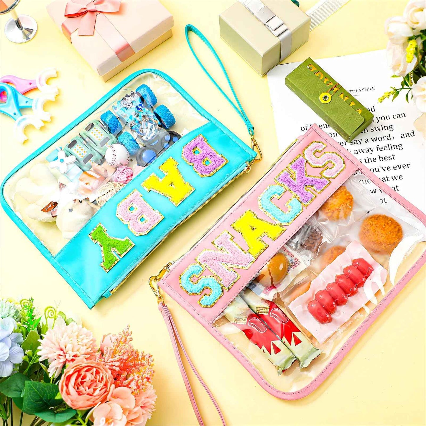 Buryeah 4 Pcs Chenille Letter Pouch Flat Nylon Clear Snack Bags Flat Multipurpose Zipper Makeup Bag for Travel Toiletry Bag Water-proof Cosmetic Pouch for Women(Simple Style)