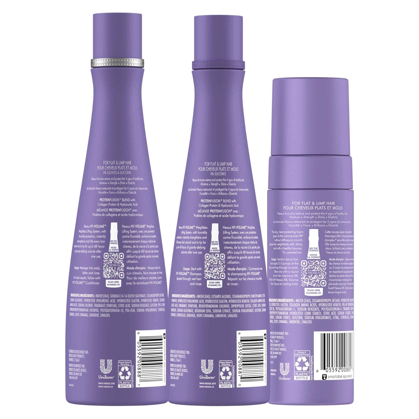 Nexxus HY-VOLUME Weightless Lift Shampoo, Conditioner & Foam 3 Pack PROTEIN FUSION with Collagen Protein & Hyaluronic Acid For Flat & Limp Hair for 48 Hours of Volume 13.5 fl oz & 5.5 fl oz