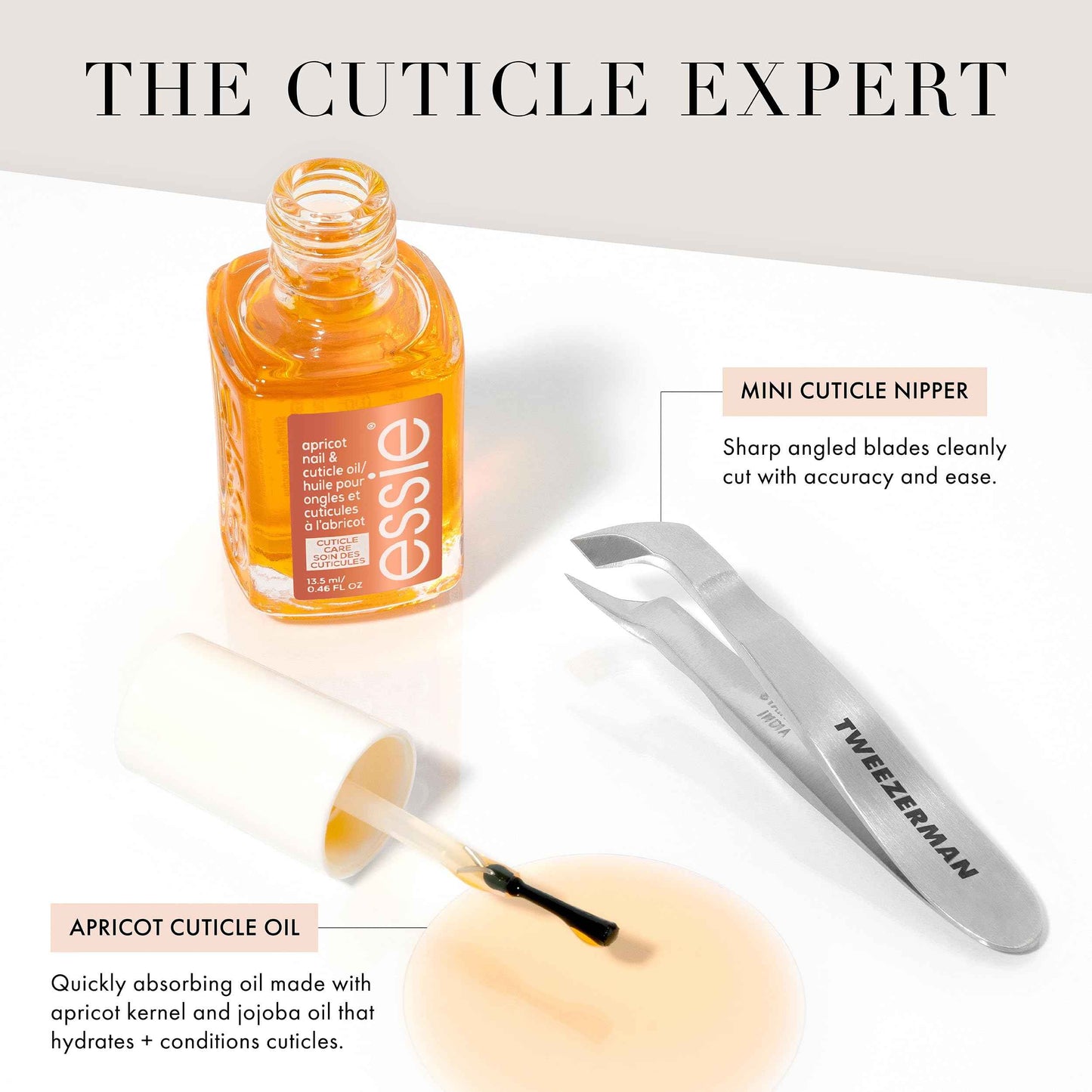 Tweezerman x Essie: The Cuticle Expert Bundle - Essie's Apricot Cuticle Oil And Tweezerman's Mini Cuticle Nipper
