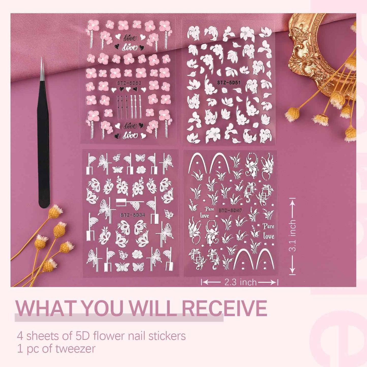 5D French Lace Nail Art Stickers, 4 Sheets Embossed Nail Decals with Tweezer, 3D Self Adhesive Classic White Lace Retro Flower Rose Vine Acrylic Nail Accessories for Wedding French Tips Design Set-6