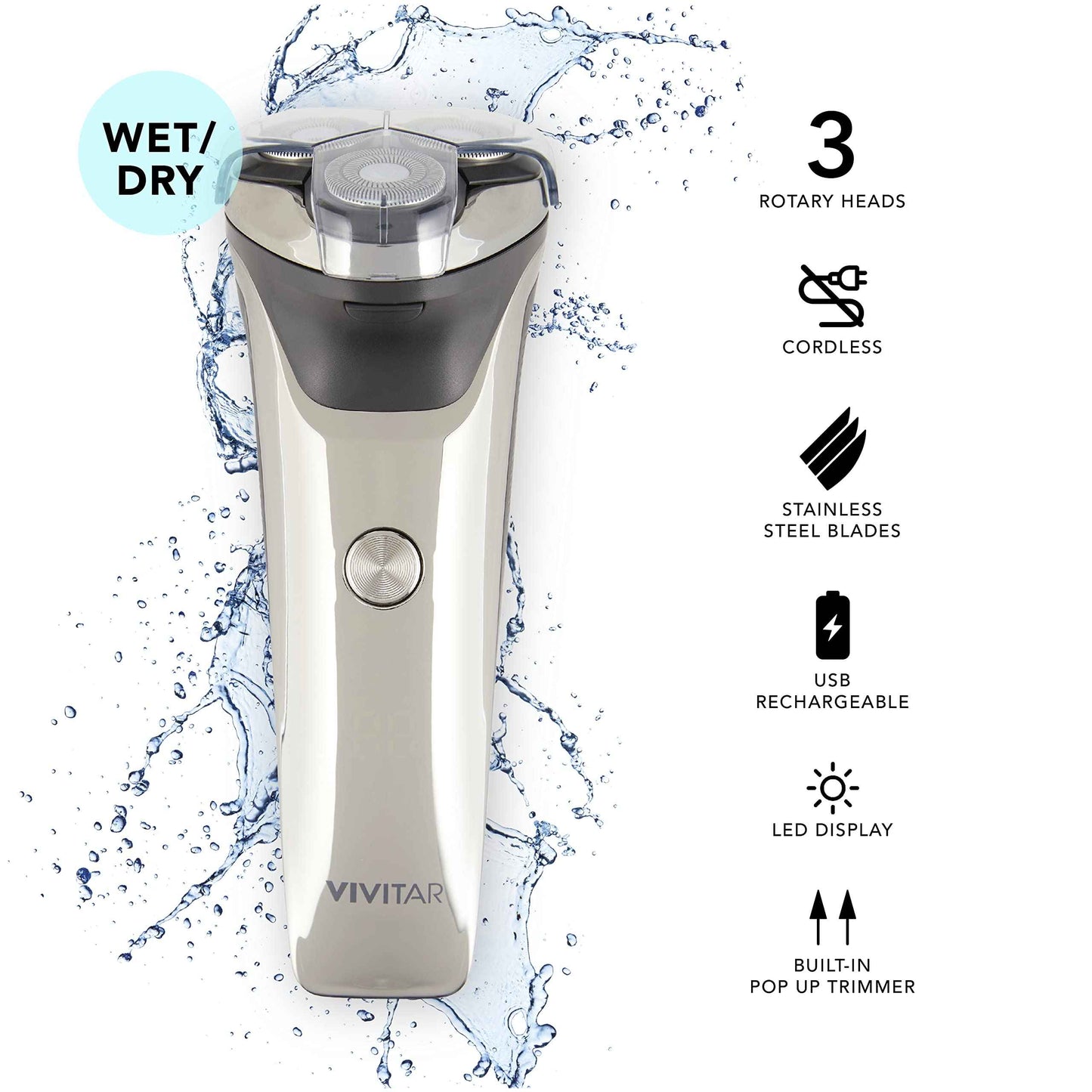 VIVITAR Metallic Cordless 3 Head Rotary Shaver, Cordless Electric Rotary Shaver for Men with Three Independently-Floating Heads, Pop-up Trimmer, and Stainless Steel Blades for Wet and Dry Uses