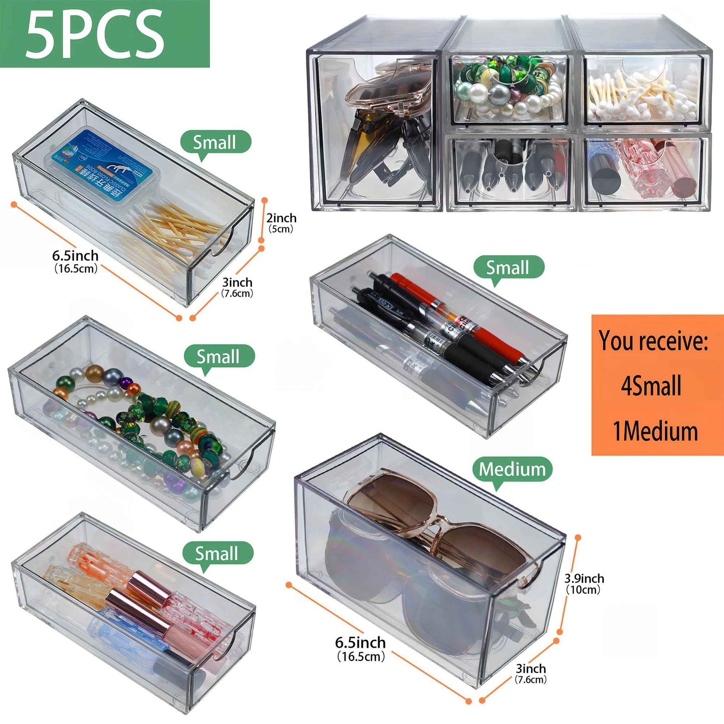 Stackable Storage Drawers Set of 5 Acrylic Storage Drawers Clear Plastic Stackable Organizer Bins for Makeup, Cosmetics,Beauty Supplies,Ideal for Vanity, Bathroom,Cabinet,Pantry Organization