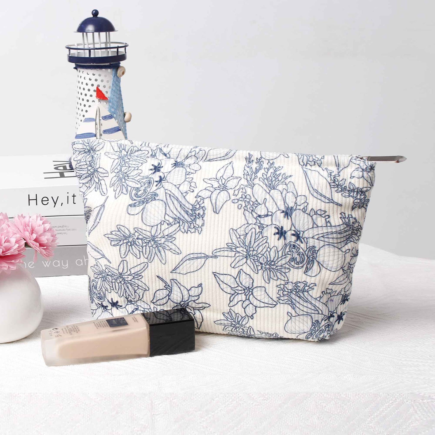 OZAOZ Makeup bag for Women, Flower Cosmetic Bags Zipper Pouch, Large Capacity Corduroy Makeup Bag, Travel Toiletry Bag Organizer for Women and Girls (Flower-F)