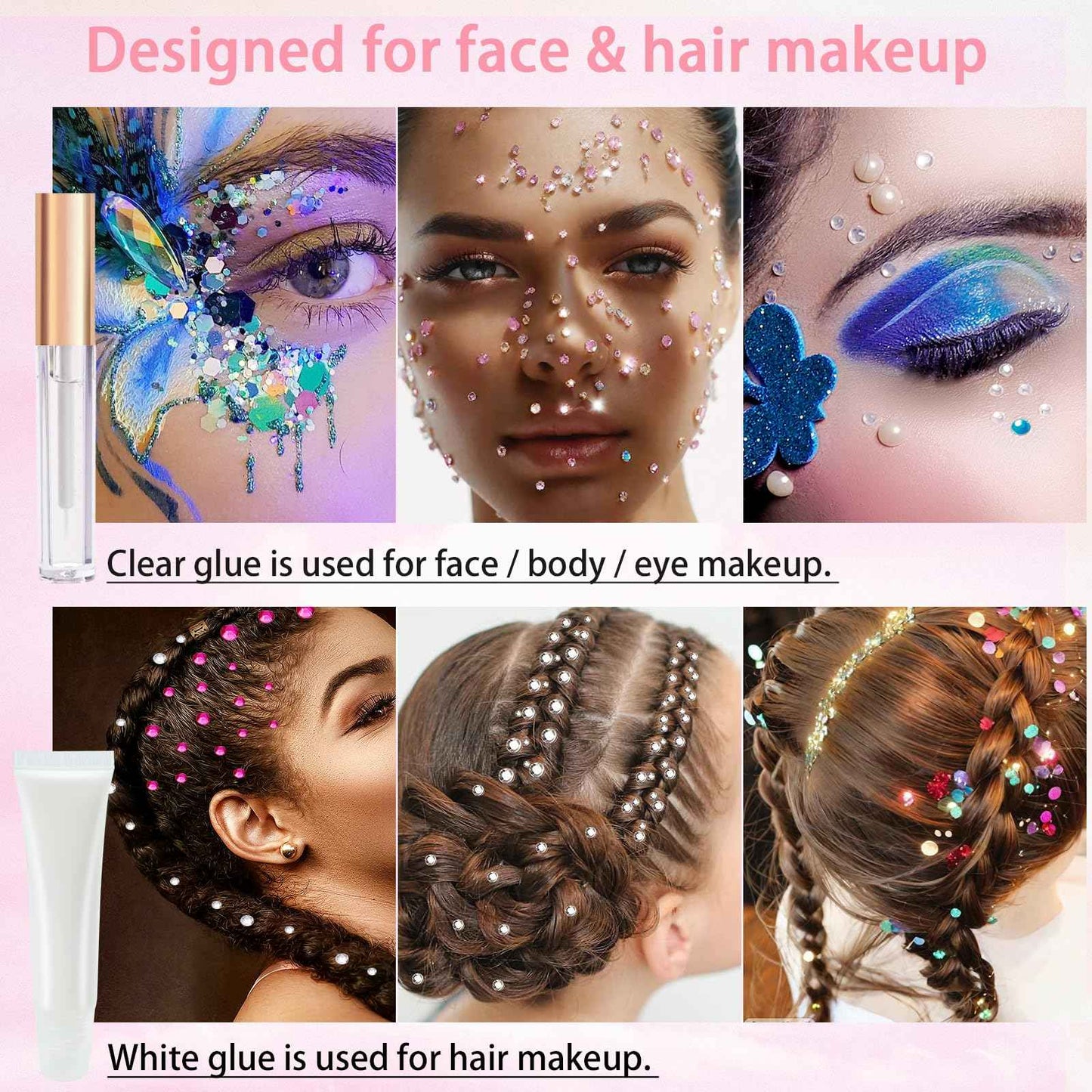 Face Body Glue for Gems Rhinestones, Glitter Glue Long Lasting Hair Adhesive, Designed for Eye Jewels Face Gems Hair Body Glitter Makeup