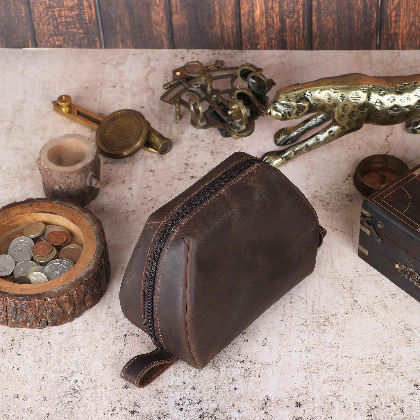 CestAntiQ Leather Travel Makeup Bag – Large Cosmetic Case with Brush Holders, Clear Toiletry Organizer for Women, Professional Makeup Pouch (Brown) (Small Toiletry Kit)