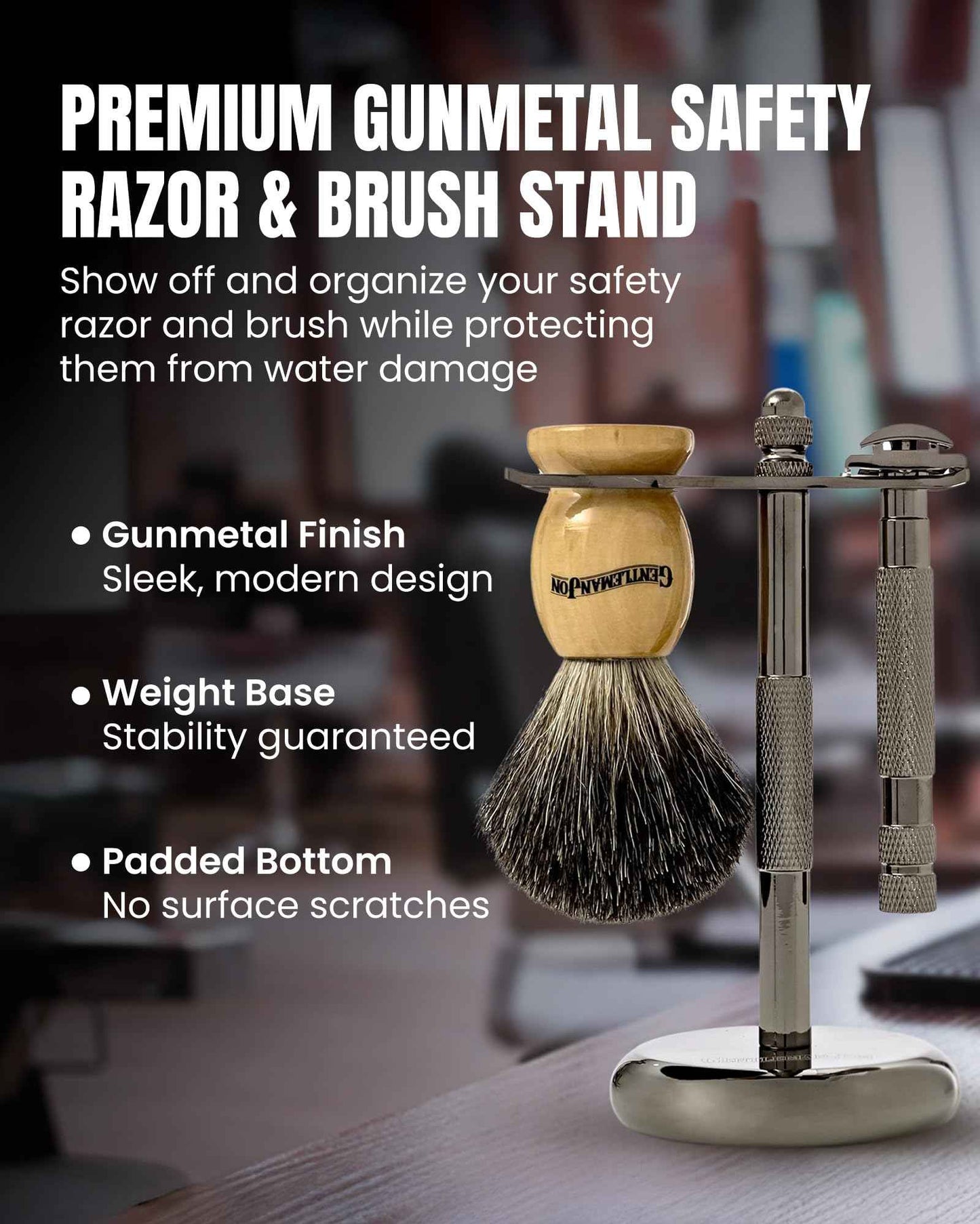 Gentleman Jon Shaving Stand for Razor & Brush for Men – Heavy Duty Gunmetal Razor & Brush Stand, Weighted Base, Matches Wet Shave Kit & Storage, Shaving Kit, Shaver Holder, Beard Accessories for Men