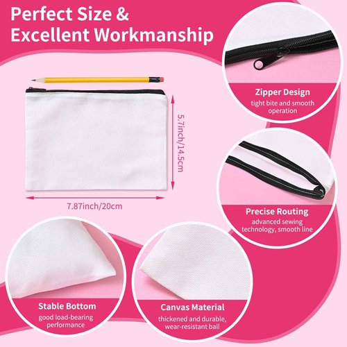AMDAILY 12Pcs Sublimation Blank Canvas Makeup Bags, Bulk Blank DIY Heat Transfer Cosmetic Makeup Bags w/Black Zipper for Bridesmaid Makeup Bag Travel Toiletry Pouch Storage, Christmas Craft