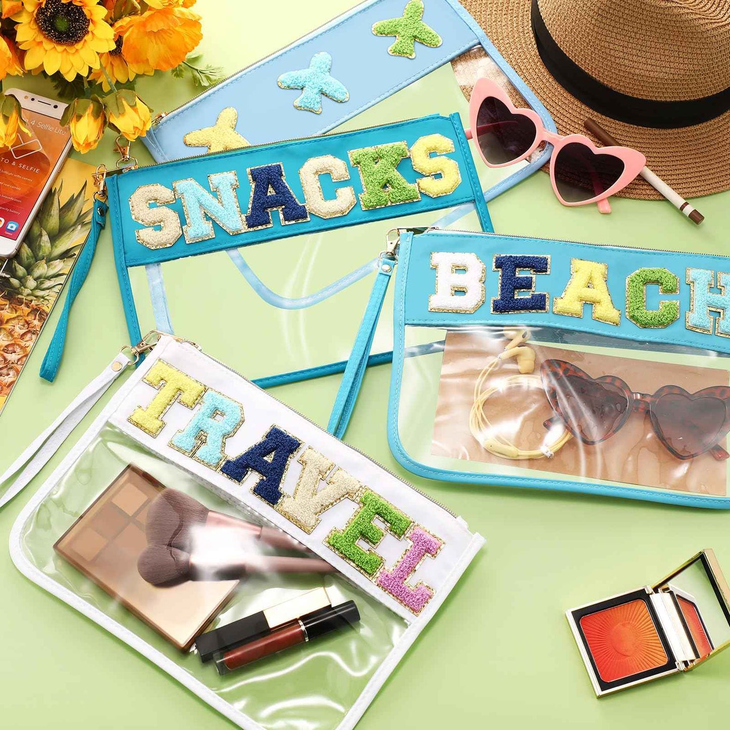 Remerry 4 Pack Clear Chenille Letter Bag Monogram Cosmetic Makeup Bag Travel Snack Beach Stuff Patch Pouch Preppy Accessories for Women Girls(Blue Green Series, Stylish)