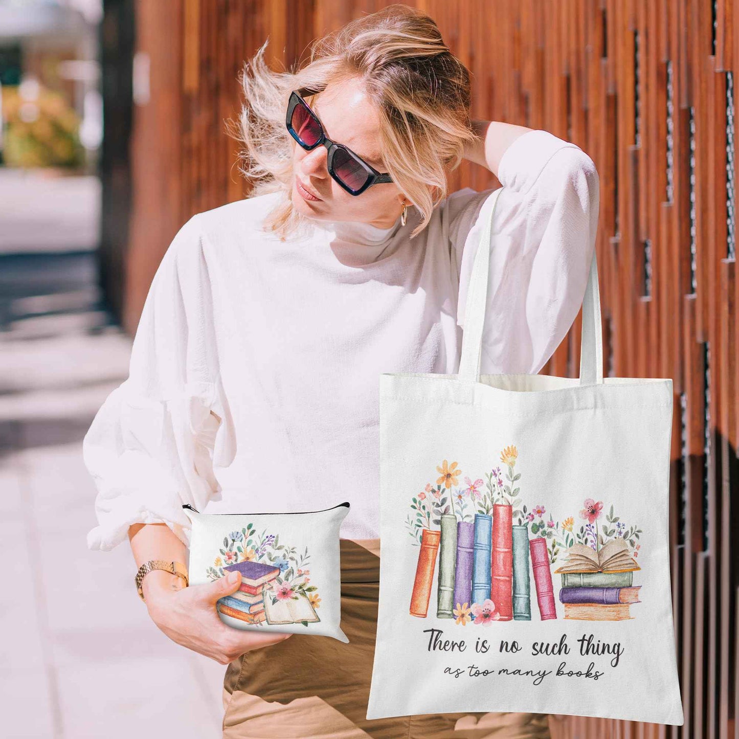 Y1tvei Aesthetic Canvas Tote Bag - 2Pcs Colorful Reading Canvas Cosmetic Bag Set There Is No Such Thing As Too Many Books Tote Bag Makeup Reusable Grocery Bags Black to School Gift for Women Girls