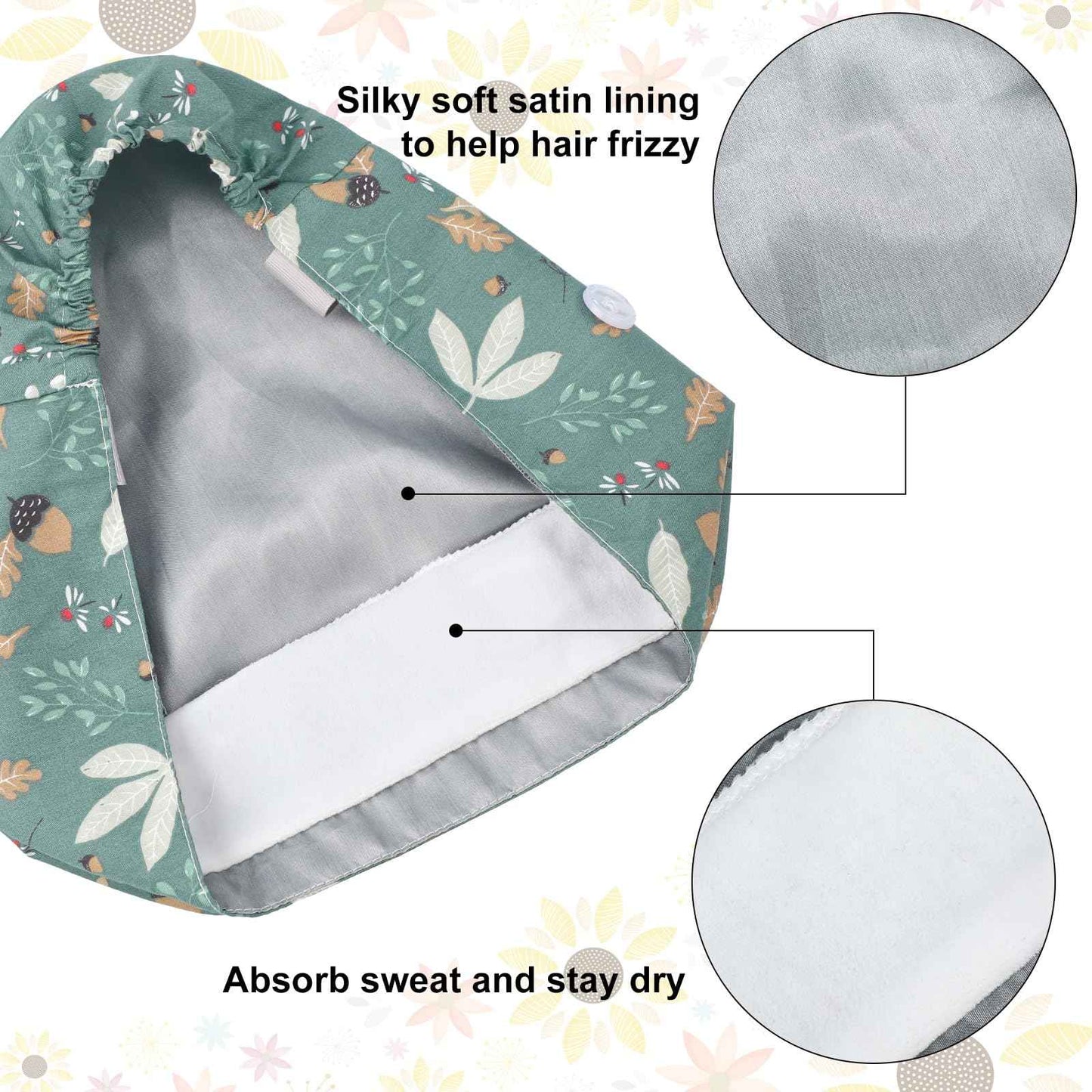 Floraltop 6 Pcs Satin Lined Scrub Caps Women Nurse Surgical Hat with Buttons Ponytail Working Adjustable Pouch Tie Back(Fresh Style)