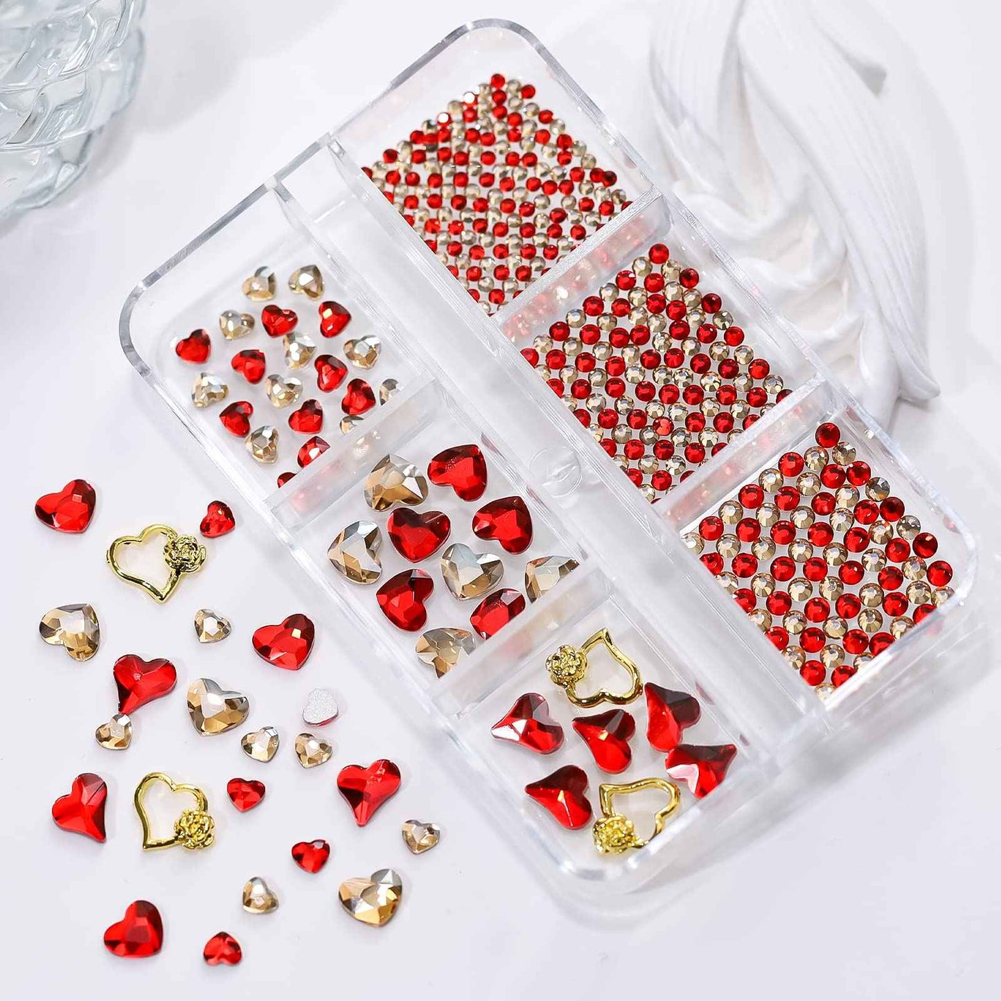 767pcs Red Heart Nail Art Charms Love Gems Glitter Valentines Decoration 3D Red Gold Round Beads Flatback Diamonds Design Rose Nail Studs Jewel Craft Clothes Shoes Supplies for Women