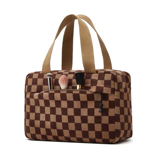 ZOEMTIU Large Makeup Bag for Women Corduroy Cosmetic bag Make up Bags Zipper Pouch with handle Cosmetic Organizer Toiletry Bag for Travel Storage (Checkered Darkbrown)