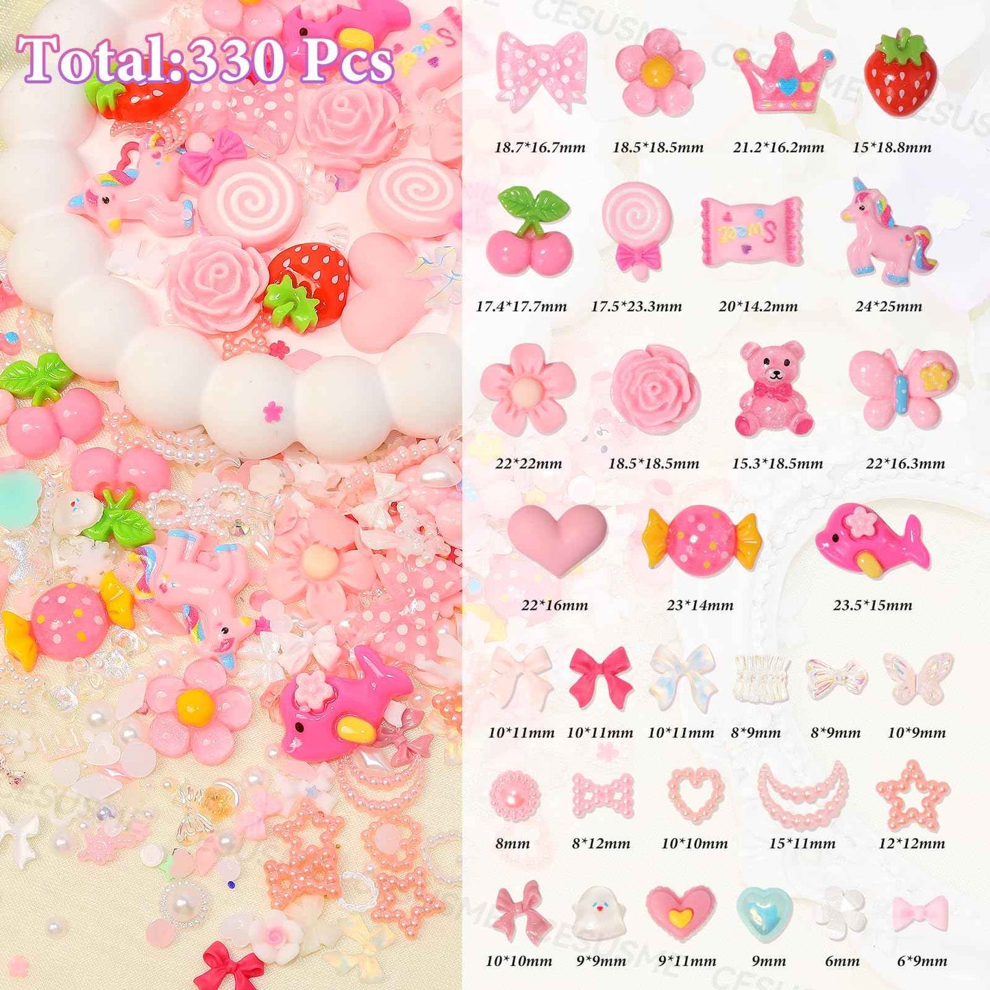 330 Pcs Junk Case Charm Kit, Bear Candy Cartoon Junk Phone Case Charm, Pink White Moon Star Pearls for Junk Cases, Flatback Resin Slime Charms for Nail Art Supplies Craft DIY