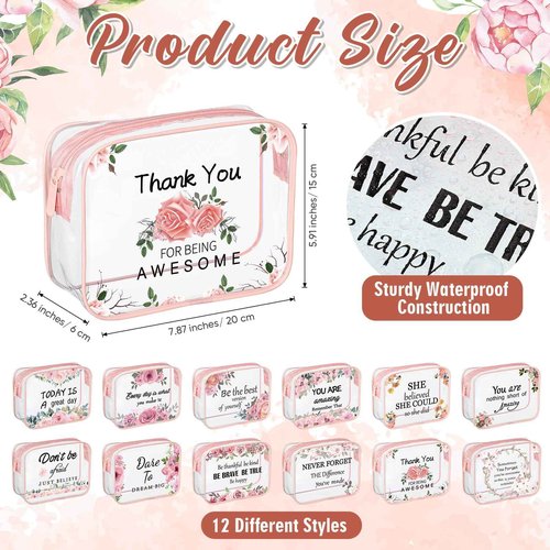 Kacctyen 12 Pcs Clear Makeup Bags Flower Bulk Inspirational Quotes Waterproof Portable with Toiletry Zipper Pink Clear PVC Travel Pouch Encouragement Quotes Bags Appreciation Gift for Mother Nurse