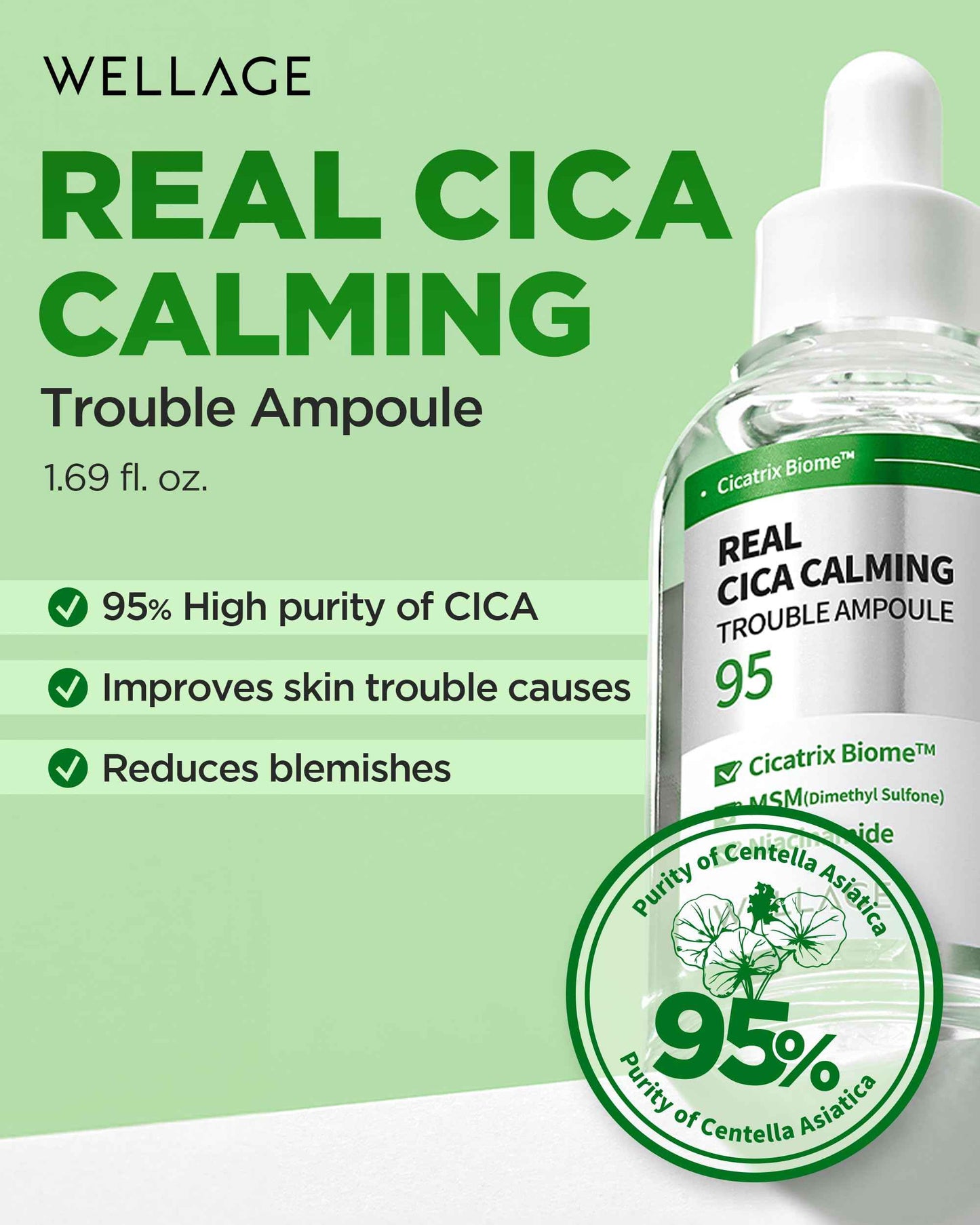 WELLAGE Real Cica Calming Trouble Ampoule - Korean Skincare Soothing Serum, Madecassoside Centella Asiatica Panthenol Niacinamide, Relief Redness, Sebum Control, Improves Blemishes, 1.69 fl.oz.
